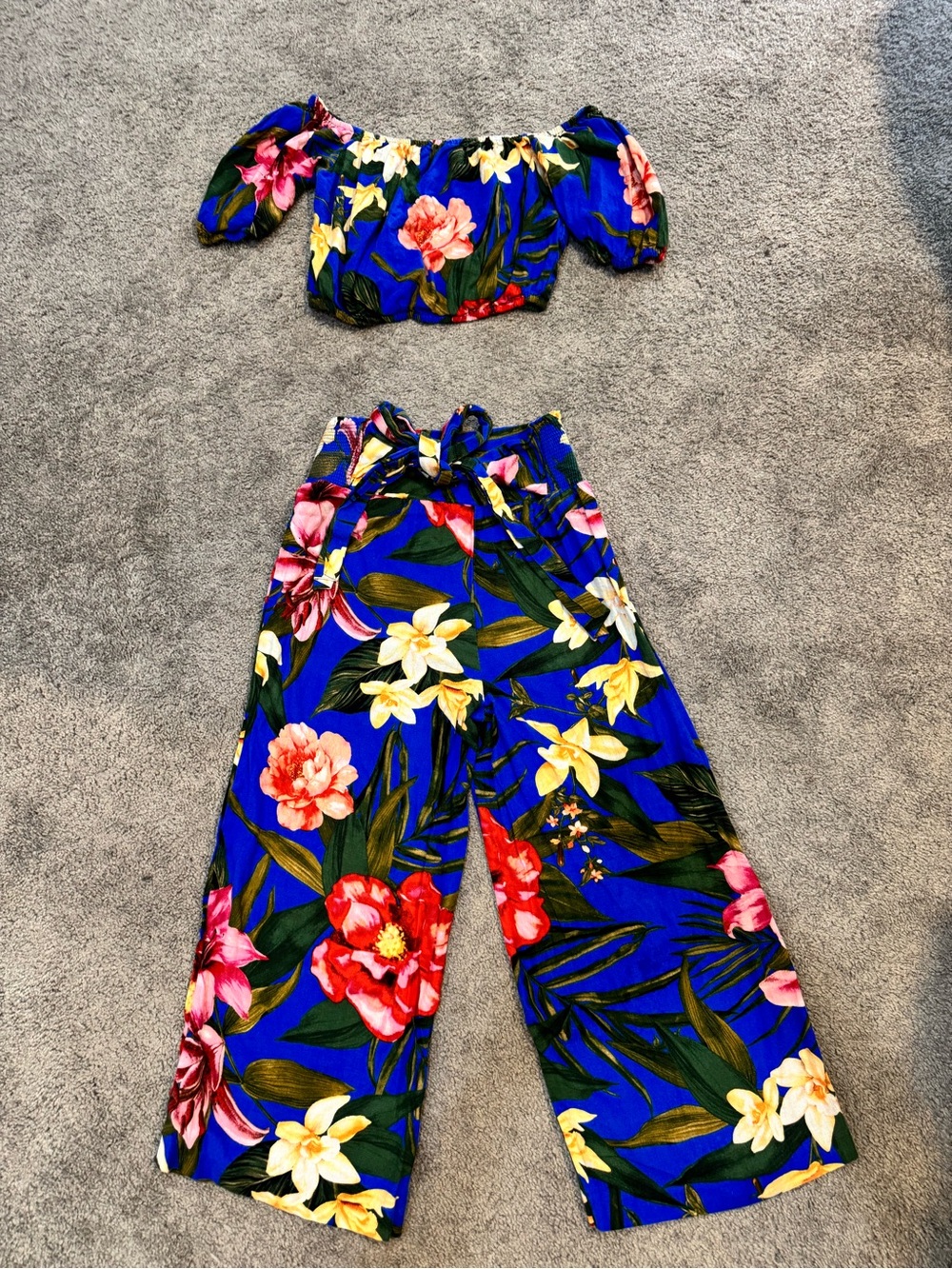 cupcakes & cashmere Blue Floral Off-Shoulder Crop Top and Wide-Leg Pants Set